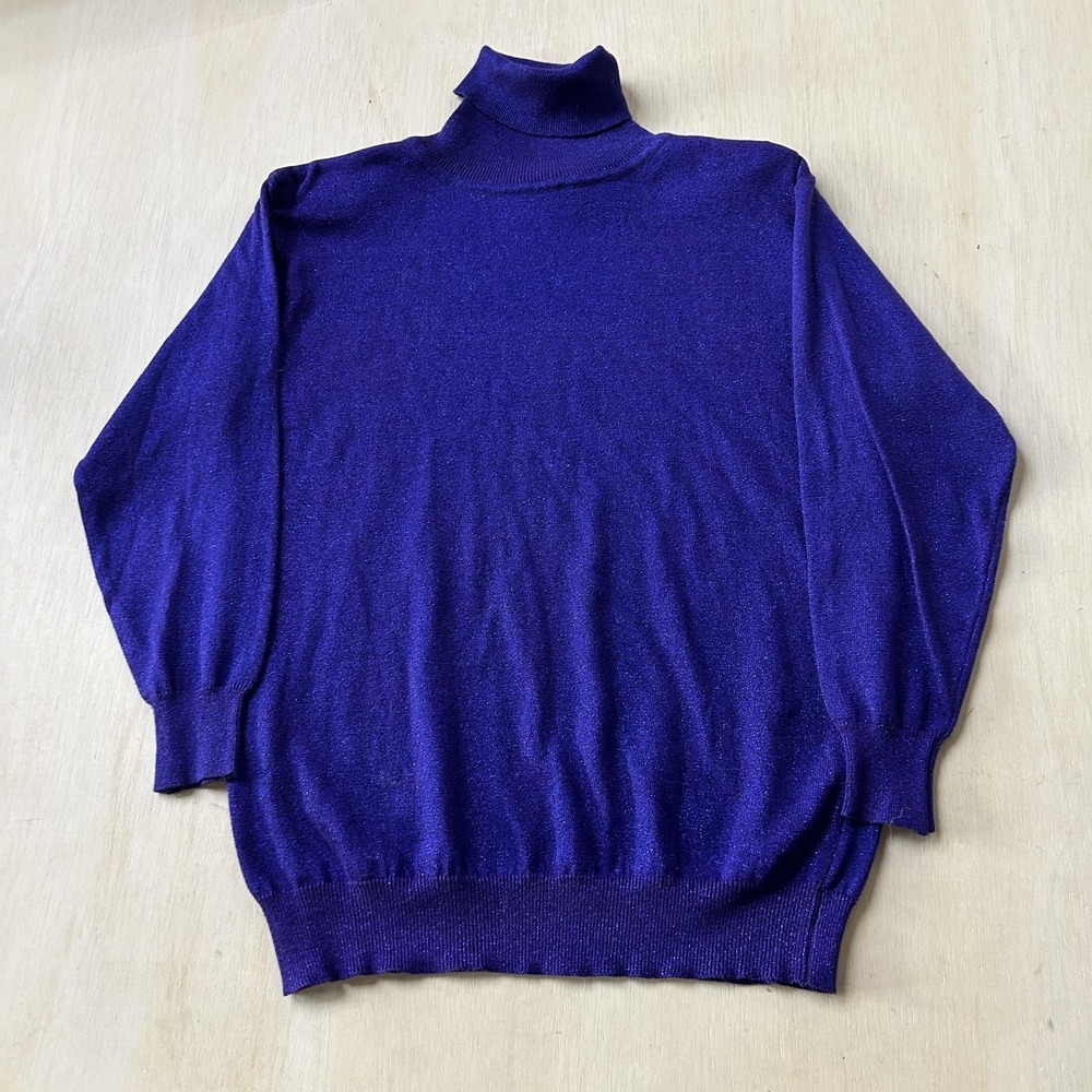 Vintage Claus Sweater Womens Medium Blue Cotton Lurex Turtleneck Knit Pullover